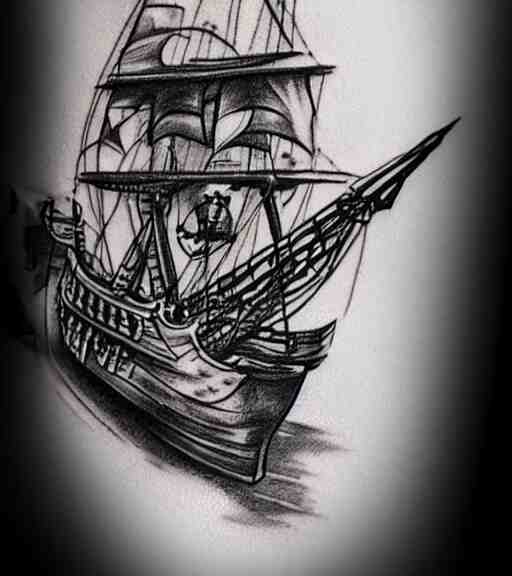 A realistic tattoo design sketch of a pirate ship, white background, black and white, highly detailed tattoo, realistic tattoo, realism tattoo, beautiful shades