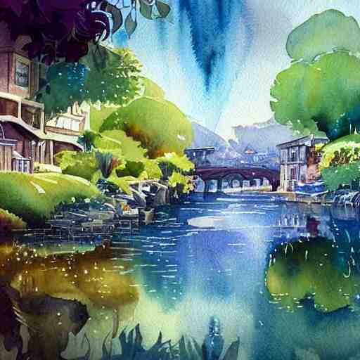 Beautiful happy picturesque charming sci-fi town in harmony with nature. Beautiful light. Water and plants. Nice colour scheme, soft warm colour. Beautiful detailed watercolor by Lurid. (2022)