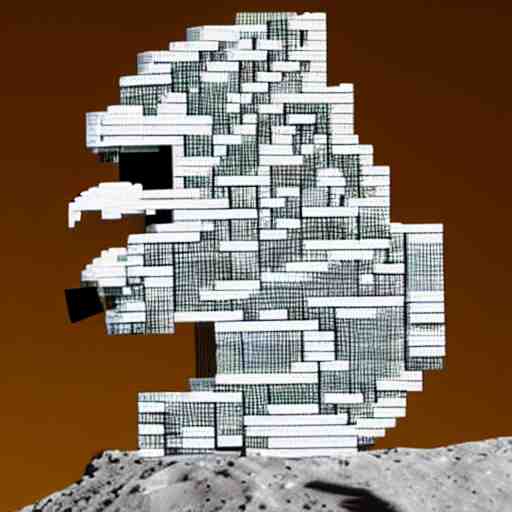 squared head rooster building a man made of legos on the moon 