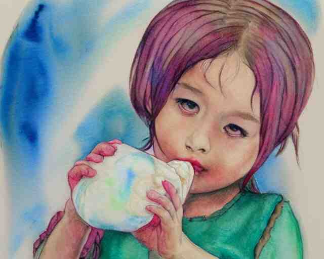 a little girl with the ice cream watercolor colored pencil painting trending on artstation 