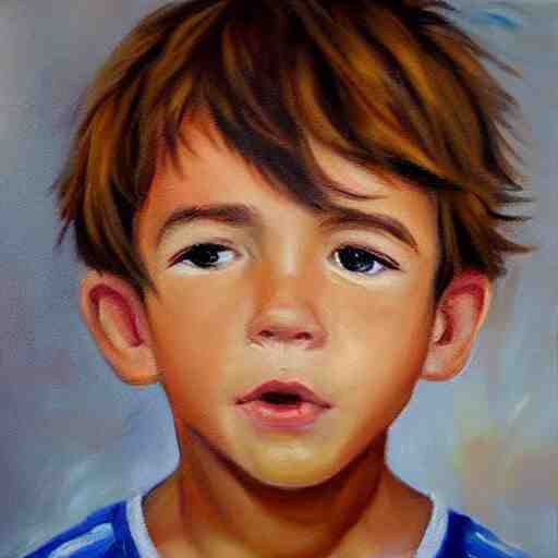 beautiful oil painting of a boy with short side part light brown hair and brown eyes