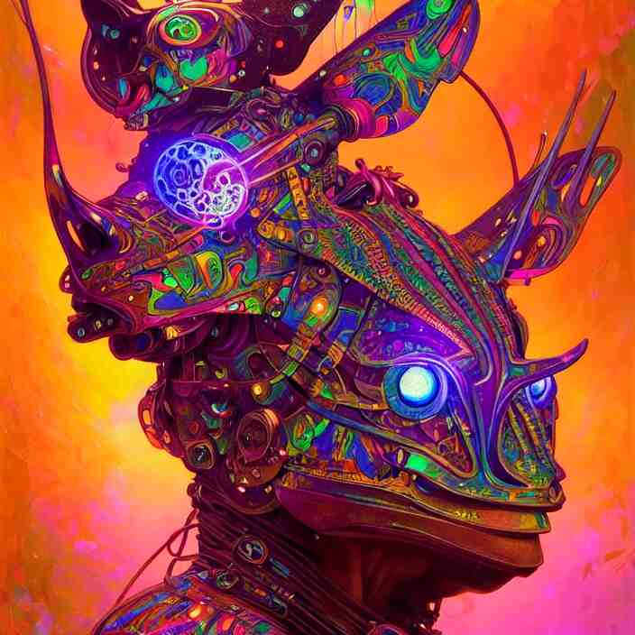 bright psychedelic animal cyborg, diffuse lighting, fantasy, intricate, elegant, highly detailed, lifelike, photorealistic, digital painting, artstation, illustration, concept art, smooth, sharp focus, art by John Collier and Albert Aublet and Krenz Cushart and Artem Demura and Alphonse Mucha