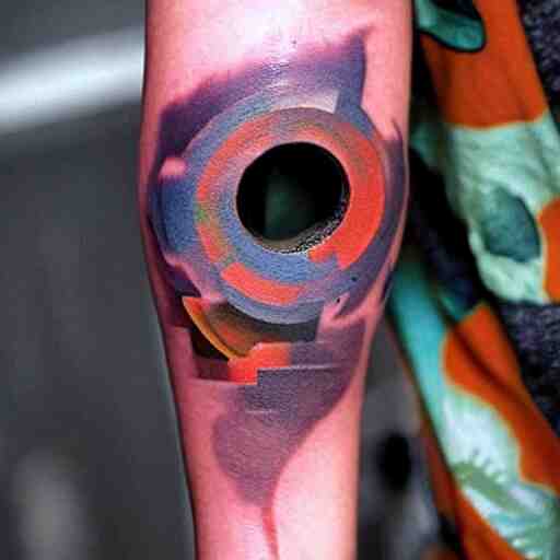 arm tattoo of a 3 d hole in the skin with multicolored robotic mechanics inside under the skin, insanely integrate, 3 d 