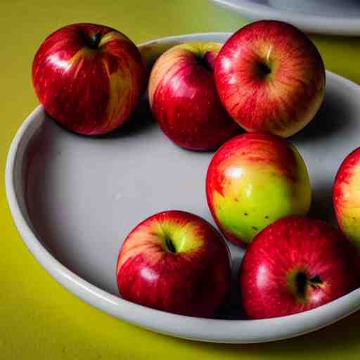 a wide angle side view realistic photo of only 3 apples on a colorful plate, award winning 