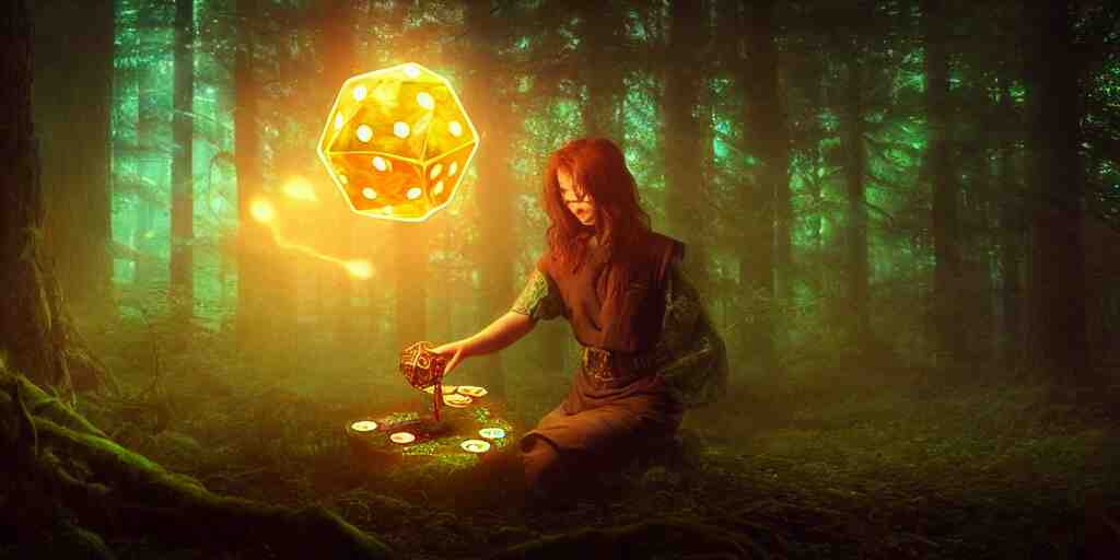 a curious, mythical forest spirit rolling a six - sided dice, d 6 dice, glowing energy, fantasy magic, by willian murai and jason chan, fantasy, dramatic lighting, golden ratio, sharp focus 