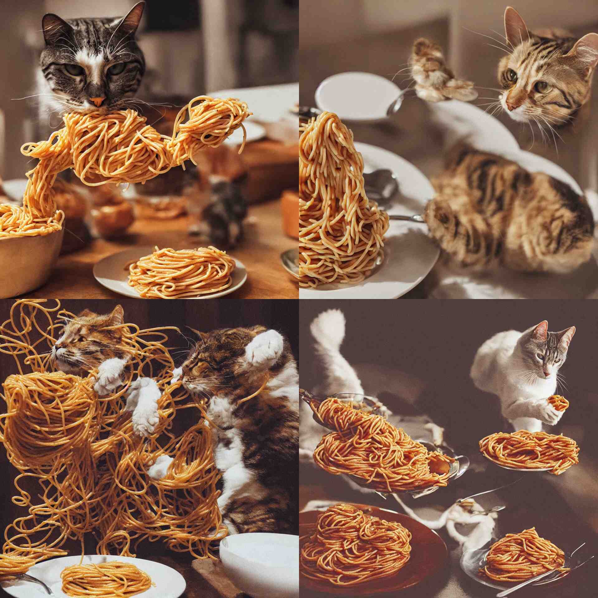 a photo of a singular cat eating spaghetti, photorealistic, realistic 