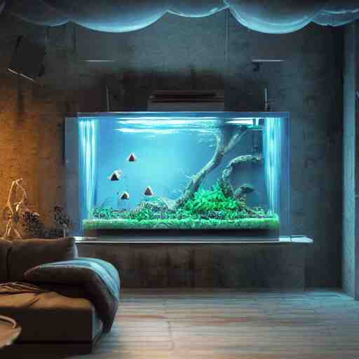 a spacious room with freshwater aquariums as walls, dim light, hyper realistic, ambient lighting, concept art, intricate, hyper detailed, smooth, dynamic volumetric lighting, octane, raytrace, cinematic, high quality, high resolution, 4 k, cgsociety, rutkowski, gurney 