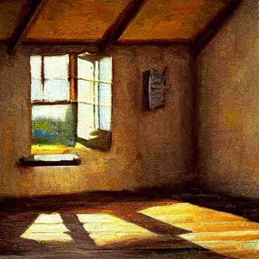 oil painting of mostly empty cottage interior, one small window with sunlight shining onto the floor. artistic. cozy. wooden floor. rustic. solace. 