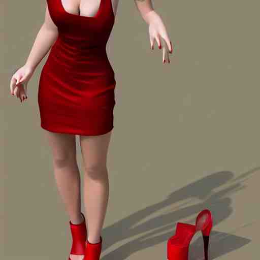 woman, red short dress, black hair, by milo manara, 3 d render, red high heels, face, house, high - poly 