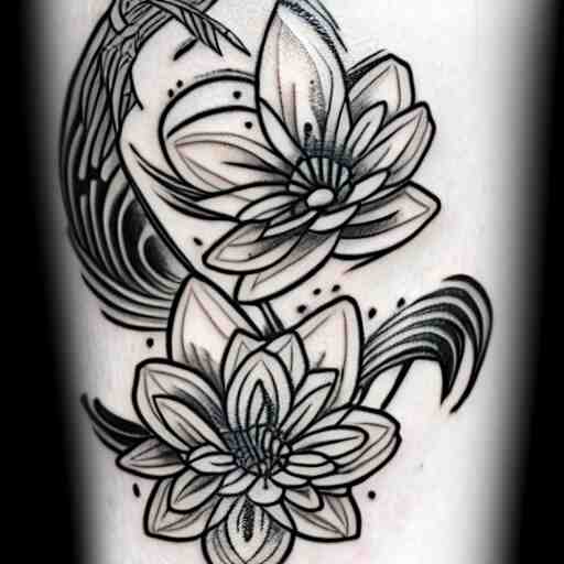 black and white tattoo, koi fish, japanese traditional style, camelia flowers, stylized, 