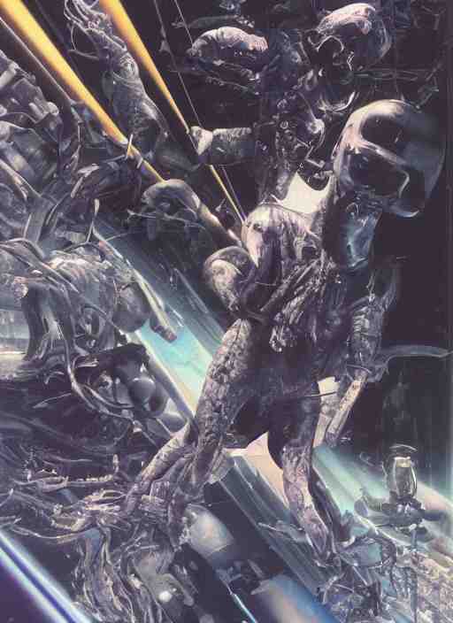 astronauts in dark void underwater - complex and hyperdetailed technical suit. reflection and dispersion materials. rays and dispersion of light. volumetric light. f / 3 2. noise film photo. flash photography. ultra realistic, wide angle. poster by wayne barlowe, hajime sorayama aaron horkey, craig mullins 