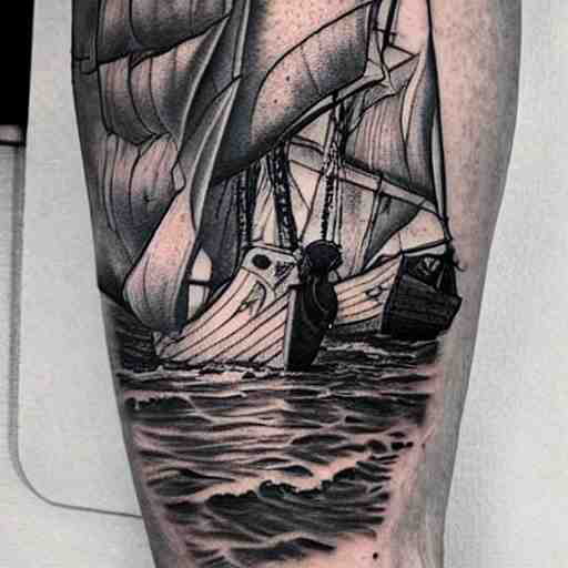 realism tattoo design of a pirate ship, by Matteo Pasqualin tattoo artist