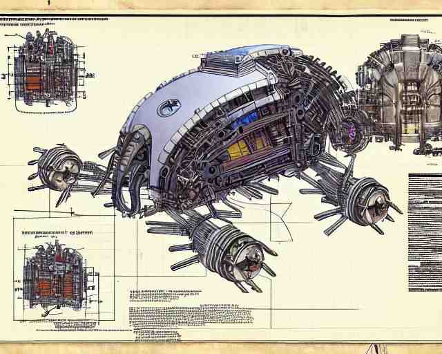 a full page of a mechanical blueprint showing a design for a mechanized sloth from howl's moving castle ( 2 0 0 4 ), with a big head, muted colors, post grunge, studio ghibli, hq, 