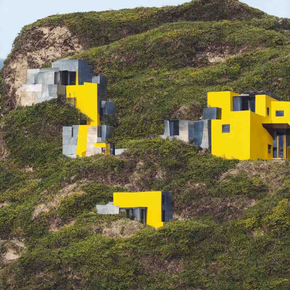 a tiny flat horizontal house on a cliff, designed by Frank Gehry. Big tiles. Small wooden pathway . Film grain, cinematic, yellow hue