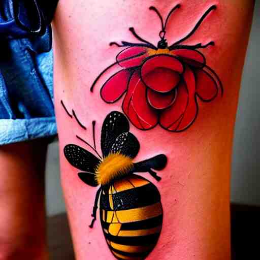 detailed tattoos in the style of bee movie on a female leg, crimson - black color scheme, wearing miniskirt, cinematic seductive lighting, beautiful composition 