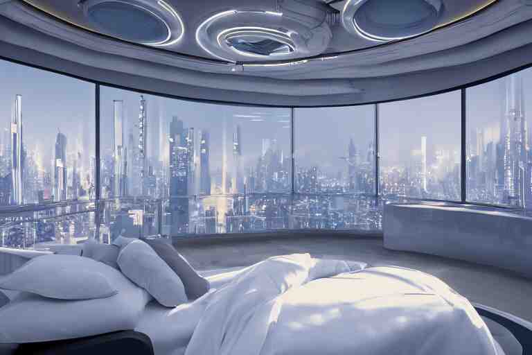 a futuristic luxury white bedroom with curved ceiling high windows looking out to a far future cyberpunk cityscape with many flying cars, night time, neon lights, cinematic 3d render, unreal engine 5, cgsociety