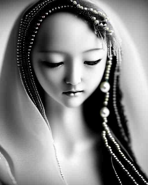 black and white dreamy young beautiful veiled female artificial intelligence, realistic pearl ornament in the face, long hair are intricate with highly detailed realistic pearls, cinematic, rim light, bokeh, photo - realistic, elegant, high detail, 8 k, masterpiece, photo taken in 1 9 3 0 