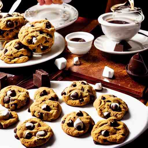 opulent banquet of plates of freshly baked chocolate chip cookies, delicious, glistening, chocolate sauce, marshmallows, highly detailed, food photography, art by rembrandt 