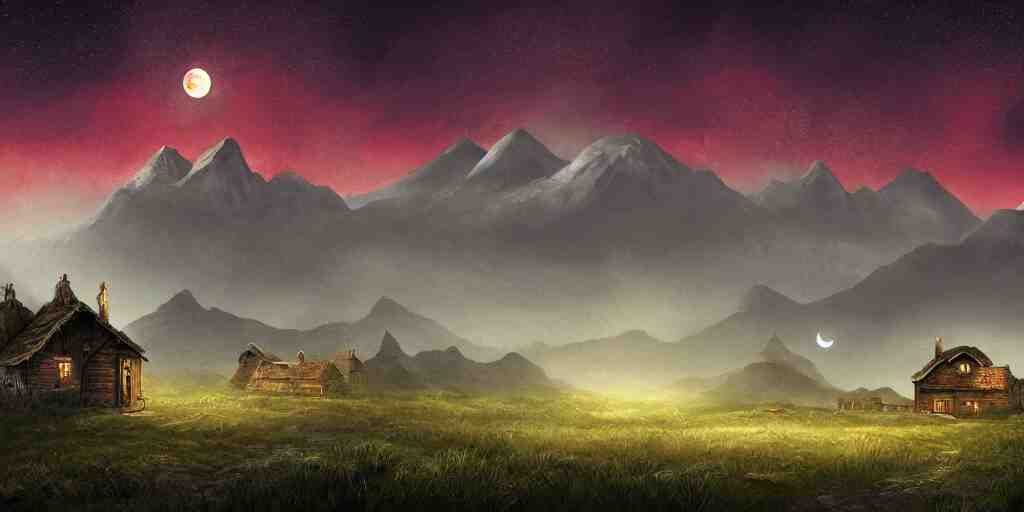 Blood soaked fields with large mountains in the distance, small cottage in the foreground, nighttime, moon in the night sky, landscape wallpaper, d&d art, fantasy, painted, 4k, high detail, sharp focus