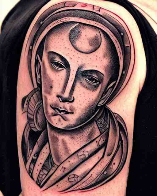 renaissance head with planets tattoo design, hyper - realistic, in the style of tony santos 