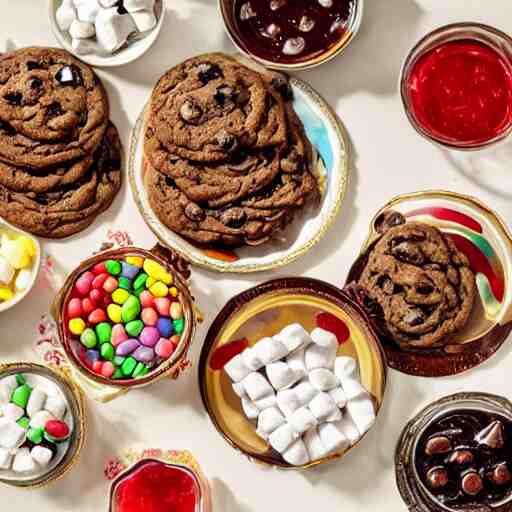 opulent banquet of plates of freshly baked chocolate chip cookies and jelly beans, chocolate sauce, marshmallows, delicious, glistening, highly detailed, food photography, art by rembrandt 