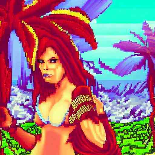 pixel art, 32-bit pixel art, vibrant sprite art, barbarian girl, electrified hair, prehistoric fantasy, palm trees