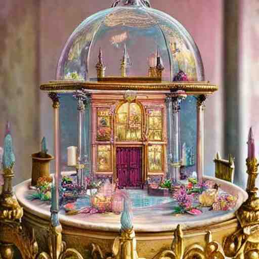 miniature tabletop castle under an ornate glass dome, by paulette tavormina and vermeer, intense pastel colors, hyper realistic, detailed, beautiful bright lighting 