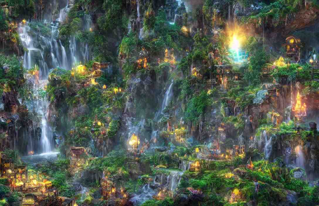 magical fantasy town, background : giant bioluminscent waterfall, quaint vibes, epic fantasy, ultra hd render + 4 k uhd + immense detail + very crisp and clear image 