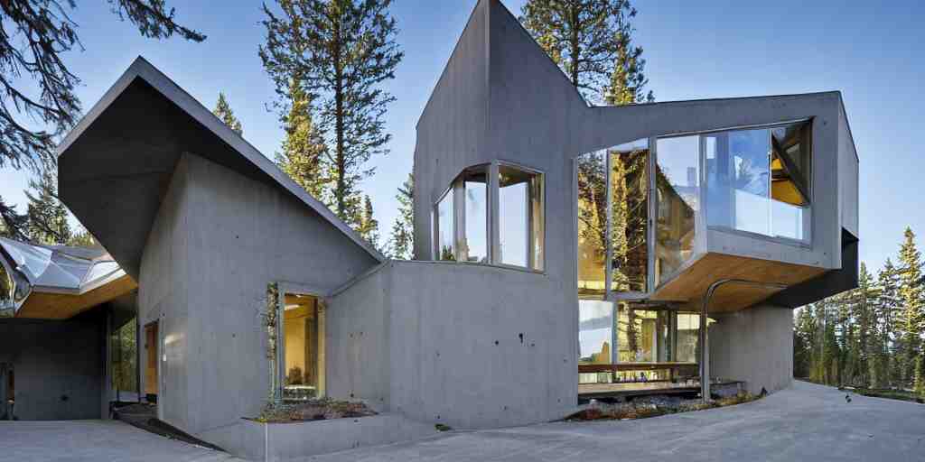 large futuristic residence, pacific northwest, gray concrete, large windows, angular features, incorporating metal