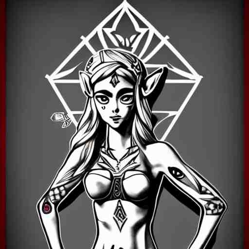 tattoo design, stencil, portrait of princess zelda in a bikini by artgerm, symmetrical face, beautiful, triforce 