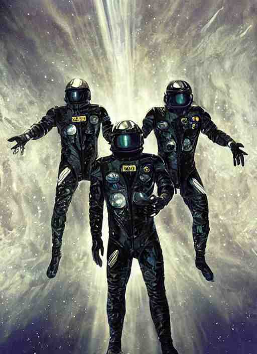 astronauts in dark void underwater - complex and hyperdetailed technical suit. reflection and dispersion materials. rays and dispersion of light. volumetric light. f / 3 2. noise film photo. flash photography. ultra realistic, wide angle. poster by wayne barlowe, hajime sorayama aaron horkey, craig mullins 