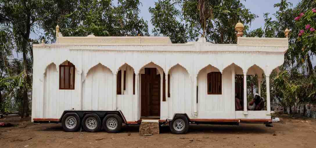 mughal - style white ivory tiny home on trailer with minarets in cyberpunk india 