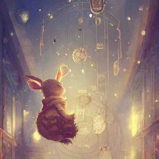 cute steampunk rabbit with a polygonal library walls and glass ceilings showing the stars and hanging silk drapery and tapestries, light dust, magnificent, close up, details, sharp focus, elegant, highly detailed, illustration, by Jordan Grimmer and greg rutkowski and PiNe(パイネ) and 薯子Imoko and 香川悠作 and wlop and maya takamura, intricate, beautiful, Trending artstation, pixiv, digital Art