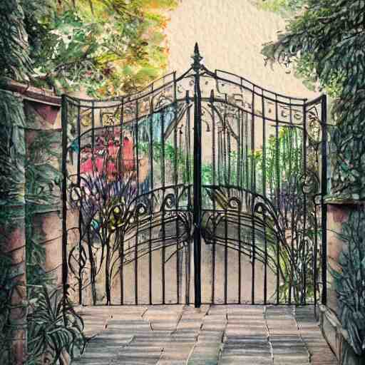 delicate, tiger, chairs, garden, paved, botanic watercolors, iridescent, 8 k, realistic shaded, fine details, artstation, italian, iron gate, tree, mediterranean, marvelous 