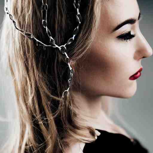 portrait of a woman, sliver chains, sliver hair, natural, light makeup, cinematic, cinematic, focus 