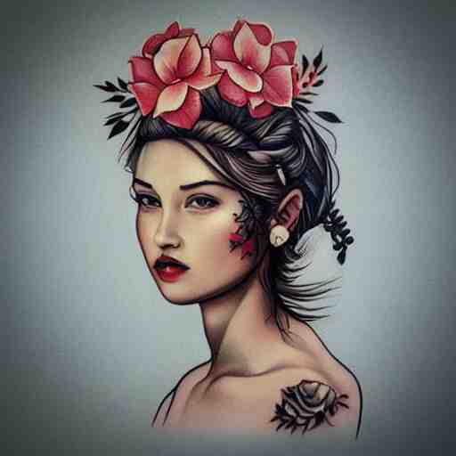 tattoo design, stencil, traditional, beautiful portrait of a girl with flowers in her hair by artgerm, artgerm, digital art