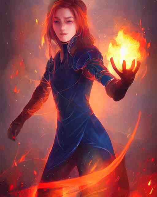 digital art by wlop and artgerm in the style of throne of glass book covers illustrations, a young adult female magician with fireballs in hand and a blue magic lighting aurea overlay 