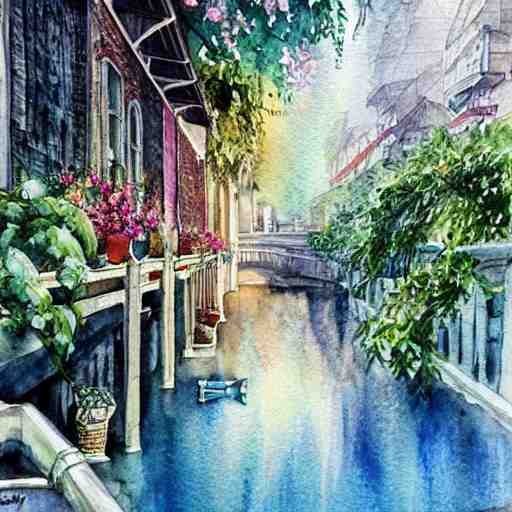 Beautiful happy picturesque charming sci-fi town in harmony with nature. Beautiful light. Water and plants. Nice colour scheme, soft warm colour. Beautiful detailed artistic watercolor by Lurid. (2022)