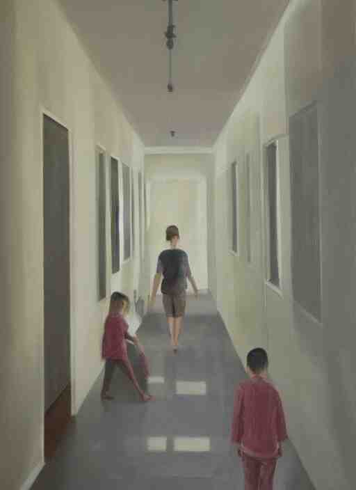 an empty hallway, full of house plants and people, oil on canvas 