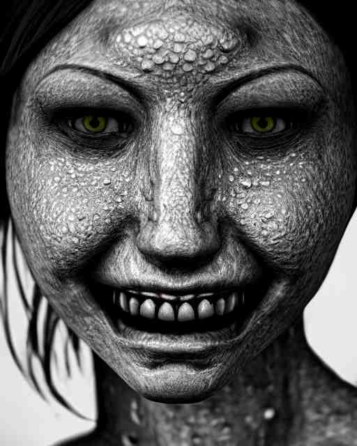 detailed eyes, face of an underwater human descendant fishwoman, darkness, macro lens, very deep sea, mariana trench, teeth, dark, hd, dagon, fishpeople