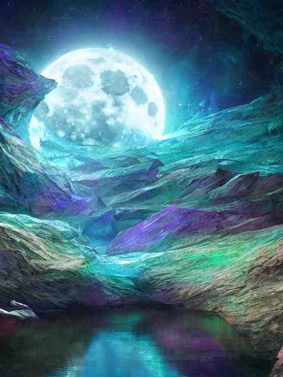 a ultradetailed beautiful concept art of the crystal formation of the prismatic crystal of hope is filled with the wonderful colors of the emotion around it in a forgotten cave lighten by the moon light and reflecting on the surface of a quiet lake, concept art, high resolution 4 k, by artgeem 