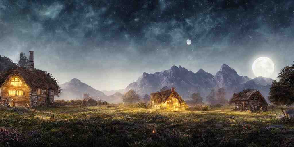 Skeleton infested fields with large mountains in the distance, small cottage in the foreground, nighttime, moon in the night sky, landscape wallpaper, d&d art, fantasy, painted, 4k, high detail, sharp focus