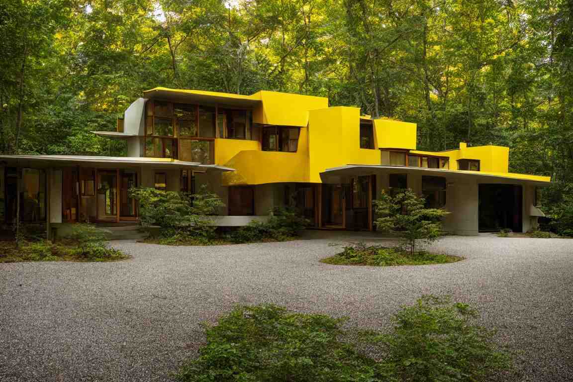 a mid century modern house in a forest, designed by Frank Gehry. Tiles. Small gravel driveway . Film grain, cinematic, yellow hue