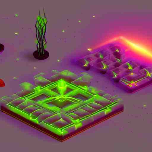 concept 2 d game asset, isometric staircase blocks, organic isometric design, bioluminescent alien - like plants inspired by the james cameron's avatar's alien nature. we can see alien plants glowing in the dark arround the isometric itens has colorful neons cyan, orange mooth median photoshop filter cutout vector 