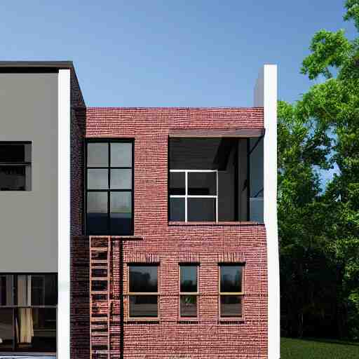 hyper realistic elevation of a house, brick, concrete, glass, wood 