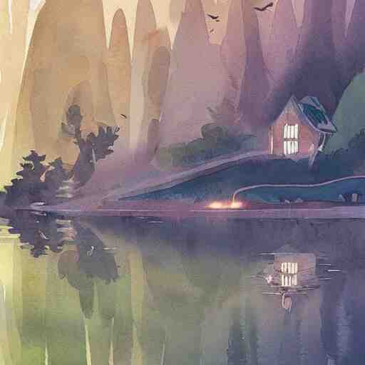 Beautiful happy picturesque charming sci-fi town in harmony with nature. Beautiful light. Water and plants. Nice colour scheme, soft warm colour. Beautiful detailed watercolor by Lurid. (2022)