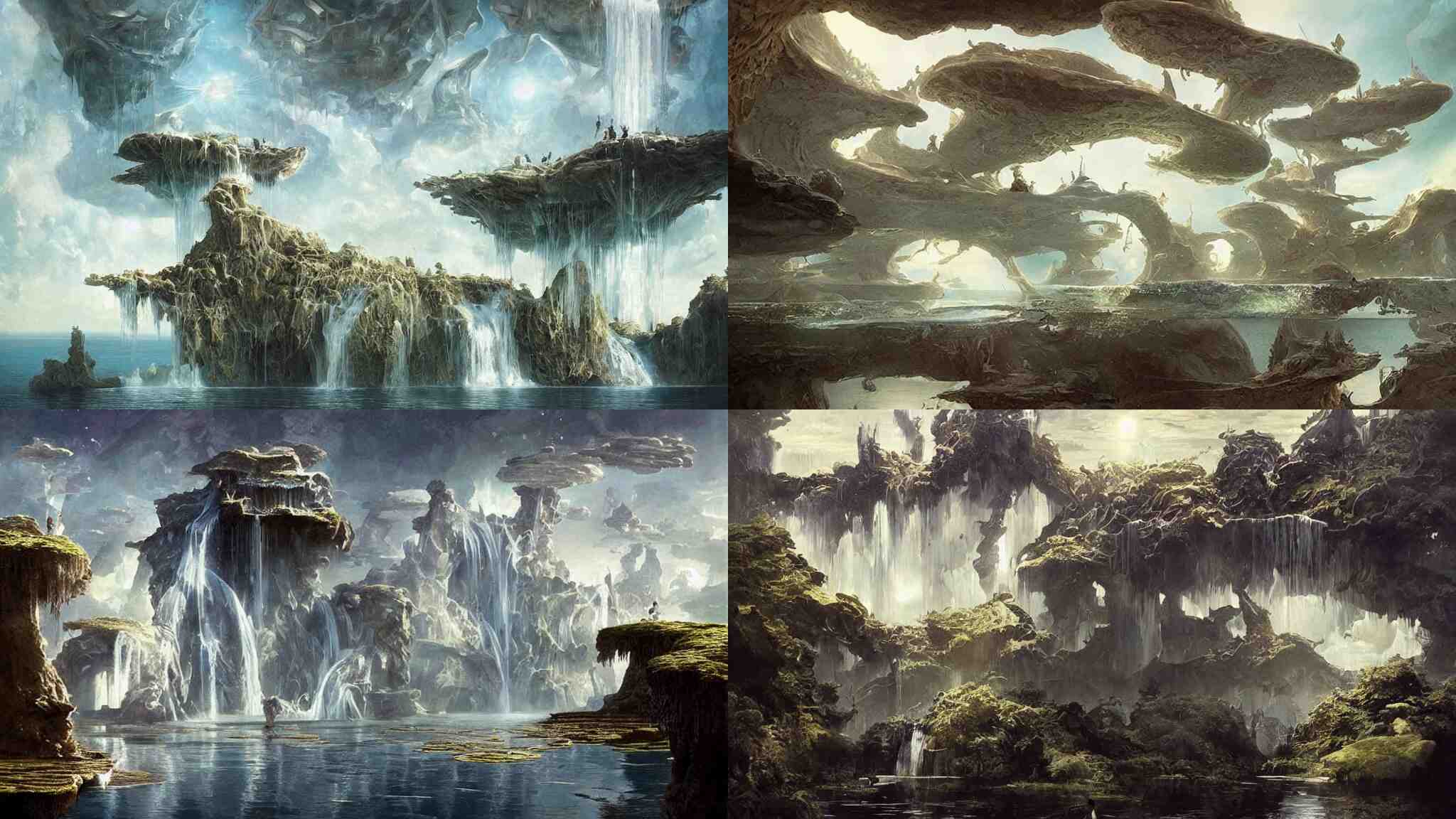 floating islands of water with waterfalls connecting each other, whimsical surrealism, dream recording, deep - space imaging, intricate geometry, fantastical setting, otherwordly, art by salvador dali, by greg rutkowski 