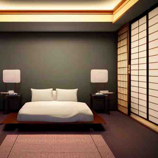 still photo of a japanese master bed room, highly detailed, photorealistic portrait, bright studio setting, studio lighting, crisp quality and light reflections, unreal engine 5 quality render 