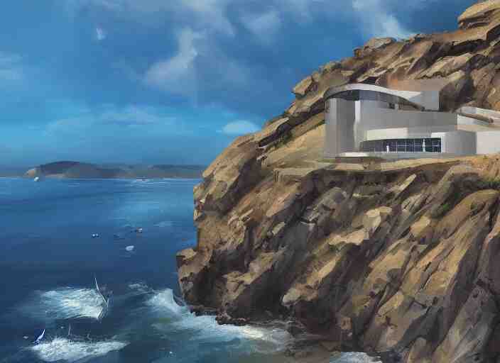 villane brutalist base of James Bond, coastal perched on a cliff overlooking a magnificient bay, concept art oil painting by Jama Jurabaev, extremely detailed, brush hard, artstation