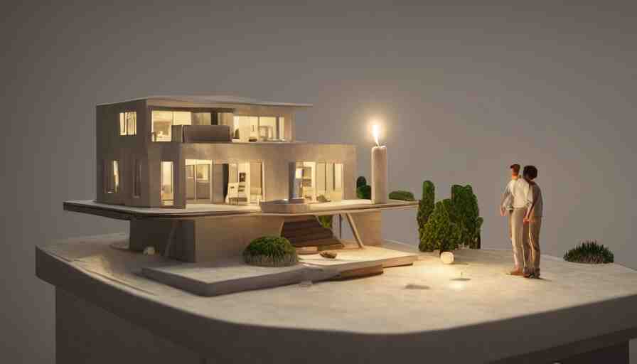 photorealistic claymation art of a modern house on top of a floating island, elegant, candle lighting, extremely detailed, realistic, art galery 